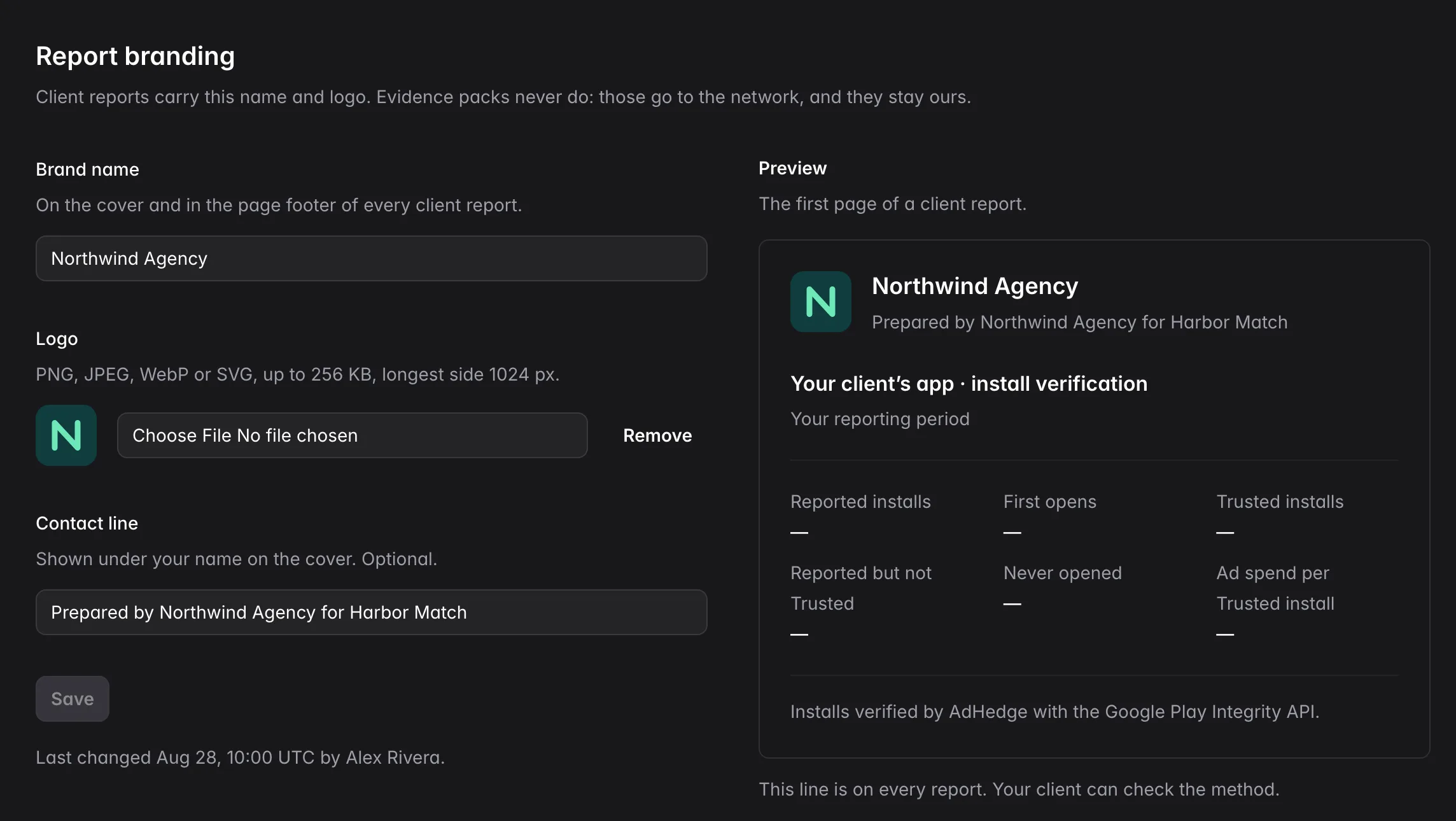 AdHedge console, Report branding: brand name, logo and contact line for Northwind Agency, beside a preview of the first page of a client report carrying that name, logo and the line "Installs verified by AdHedge with the Google Play Integrity API."